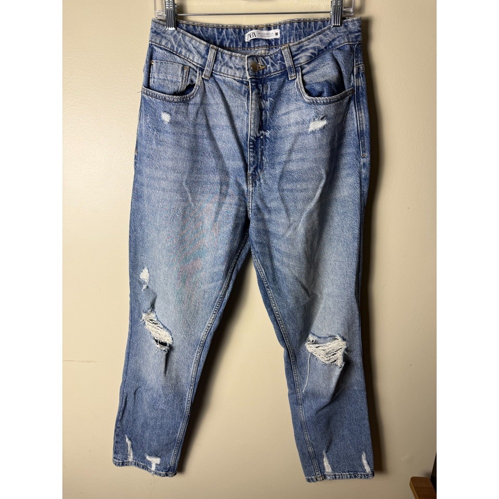 Zara Jeans Womens 10 Blue Wide Leg Distressed High Rise Denim Pants